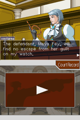 Phoenix Wright: Ace Attorney - Justice for All (Nintendo DS) screenshot: The ruthless prosecutor Franziska von Karma.
