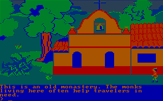 King's Quest II: Romancing the Throne (PC Booter) screenshot: Hmm, a monastary (CGA with RGB monitor)