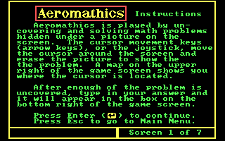 Aeromathics (DOS) screenshot: First page of instructions