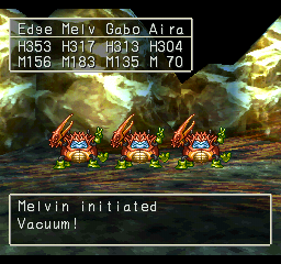 Dragon Warrior VII (PlayStation) screenshot: Battle against little somewhat-cute guys in a cave. Melvin here initiates Vacuum. I hope it's as damaging as it sounds