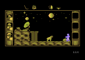 SOS Saturn (Atari 8-bit) screenshot: Big dog guarding the satellite