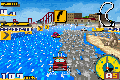 Gadget Racers (Game Boy Advance) screenshot: Tracks come in many types such as pavement, sand, and water