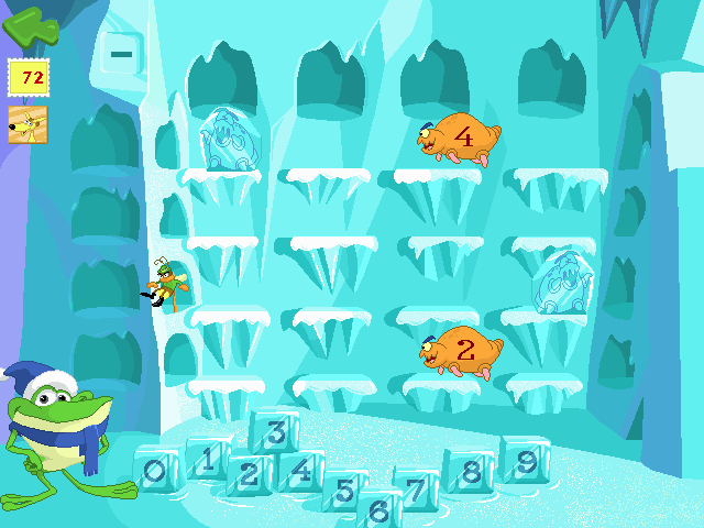 JumpStart 2nd Grade (Windows) screenshot: Ice Cave. Solve quick-time arithmetic problems in order to freeze the weird bugs with the power of maths.