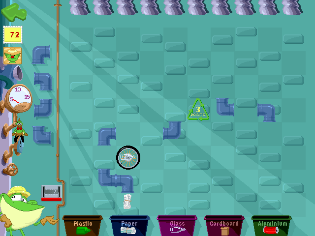 JumpStart 2nd Grade (Windows) screenshot: The Boiler Room. The goal is to sort each object into the relevant bin, teaching hand-eye coordination and a little about recycling.