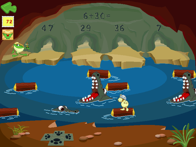 JumpStart 2nd Grade (Windows) screenshot: Log Ride. A Frogger-type game which involves maths and reading skills.