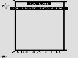 Supermaze (ZX81) screenshot: Walking into a wall means game over