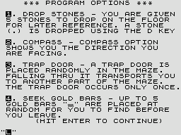 Supermaze (ZX81) screenshot: Program options