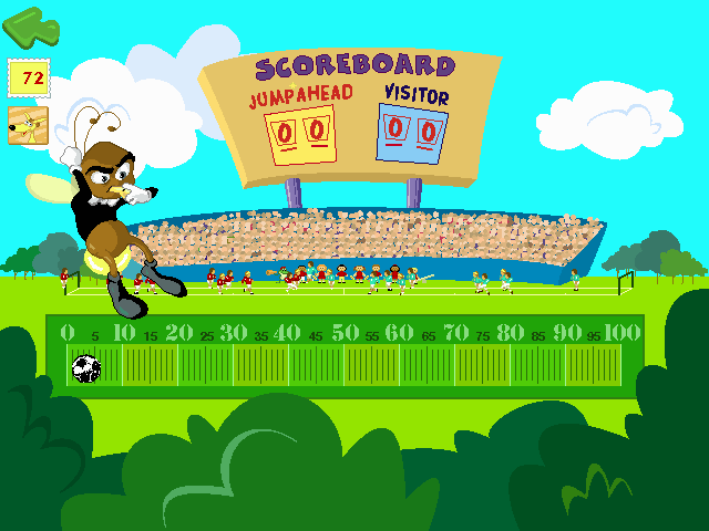 JumpStart 2nd Grade (Windows) screenshot: Football Field. Help Jump Ahead Utd. win the game by...you guessed it...the power of maths.