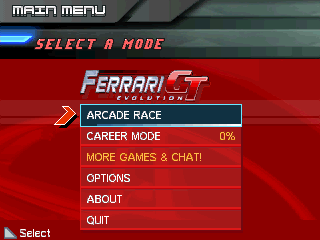 Ferrari GT: Evolution (Windows Mobile) screenshot: Main menu
