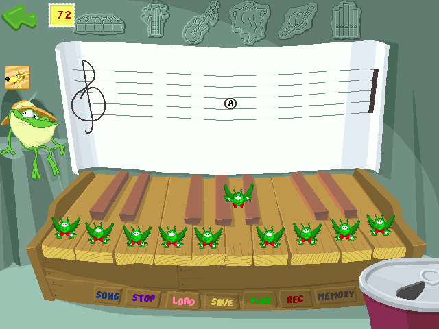 JumpStart 2nd Grade (Windows) screenshot: Cricket Band. This is a (very) simple music toy, with a Simon Says-type memory game for good measure.