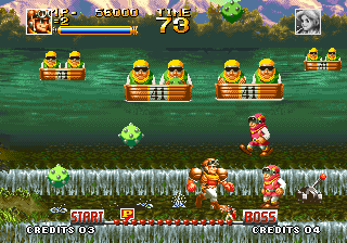 Top Hunter: Roddy & Cathy (Neo Geo) screenshot: Enemies in boats throw green bombs at me