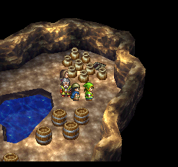 Dragon Warrior VII (PlayStation) screenshot: Exploring a cave with pots and barrels. You can pick them up and break them