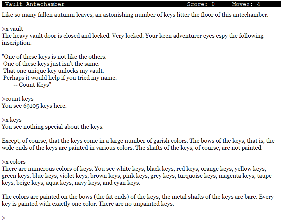 69,105 Keys (Z-machine) screenshot: The keys can be grouped by color