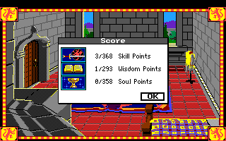 Conquests of Camelot: The Search for the Grail (Amiga) screenshot: The game has a three way scoring system. You are scored on Skill points, Wisdom Points, and Soul Points.