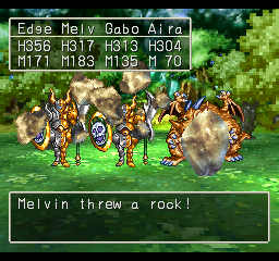 Dragon Warrior VII (PlayStation) screenshot: Fighting fearsome-looking enemies with cool shields in a forest clearing. Melvin here throws rocks at them!