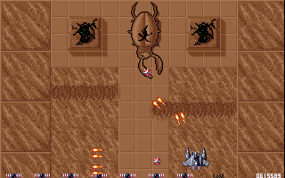 Battlestorm (Amiga) screenshot: Humongous beetle thing gets it