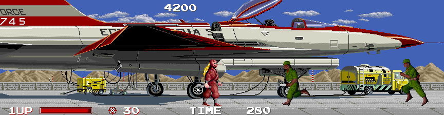The Ninja Warriors (Arcade) screenshot: Fighting in front of a jet.
