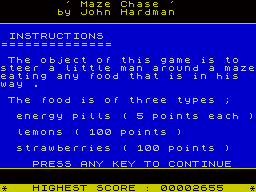 Puckman (ZX Spectrum) screenshot: Instructions