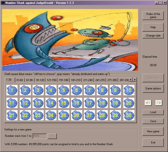 Number Shark (Windows) screenshot: There can be a maximum of 9999 shells. Hope you have a lot of free time.