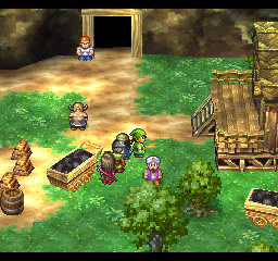 Dragon Warrior VII (PlayStation) screenshot: A secluded house with some workers and a cave entrance. I need to book another vacation