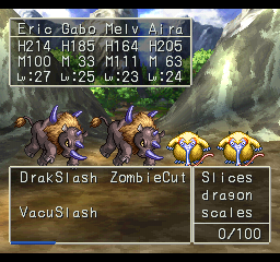 Dragon Warrior VII (PlayStation) screenshot: Battle outside, near mountains. Mid-level monsters. See my special physical skills!..
