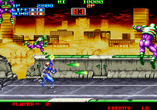 Eight Man (Arcade) screenshot: Jumping enemy from foreground