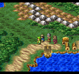 Dragon Warrior VII (PlayStation) screenshot: World map travel, outside of a quiet city - note I can also travel with this ship!