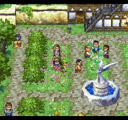 Dragon Warrior VII (PlayStation) screenshot: A beautiful town with a fountain and a statue on the main square
