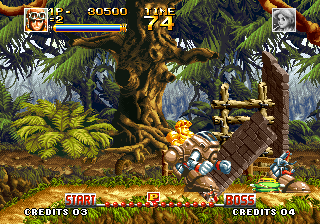 Top Hunter: Roddy & Cathy (Neo Geo) screenshot: Inside a mech, pushing a wall