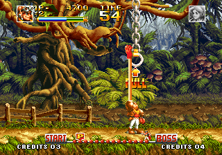 Top Hunter: Roddy & Cathy (Neo Geo) screenshot: Pulling a lever to get some items