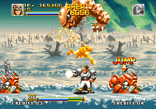Top Hunter: Roddy & Cathy (Neo Geo) screenshot: Battles with the recurring mid-boss become more and more intense. That worm in the background plane is invincible, but it can hurt you all right