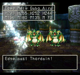 Dragon Warrior VII (PlayStation) screenshot: A mysterious temple dungeon. casting Thordain on enemies