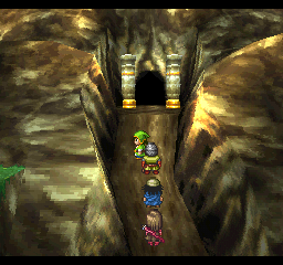 Dragon Warrior VII (PlayStation) screenshot: One of the few places where 3D is actually used to convey the feeling of an extra dimension. This is the entrance to a volcano dungeon