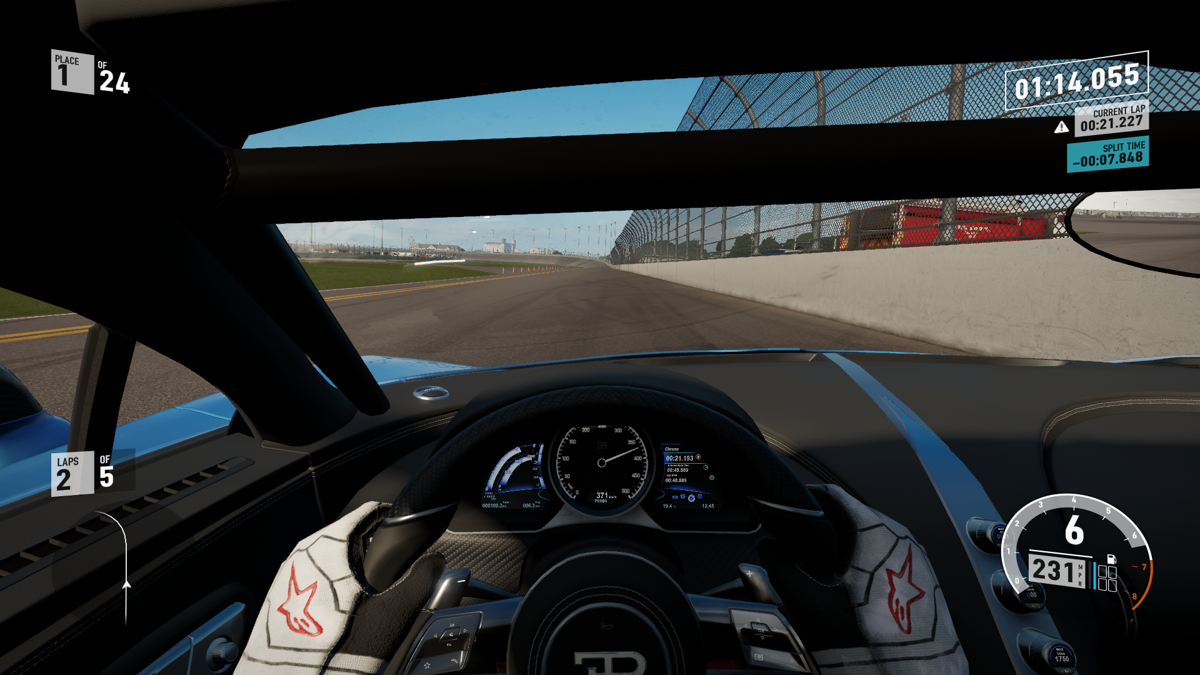 Forza Motorsport 7: 2018 Bugatti Chiron (Xbox One) screenshot: The speedo indicates 231 mph, but the Chiron can go faster.