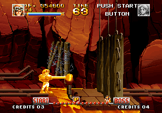 Top Hunter: Roddy & Cathy (Neo Geo) screenshot: Grabbing the lever to open the door