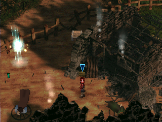 The Legend of Dragoon (PlayStation) screenshot: The first explorable location of the game - Dart's destroyed home village. Note the glowing save sign