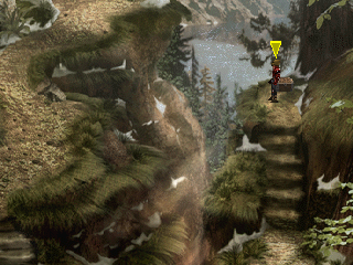 The Legend of Dragoon (PlayStation) screenshot: Nice snowy mountain dungeon. Those ugly arrows appear by default, but you can remove them