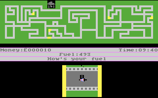 Despatch Rider (Atari 8-bit) screenshot: Fuel stations are shown only for two seconds