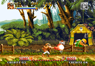 Top Hunter: Roddy & Cathy (Neo Geo) screenshot: There are about 10 different fighting moves that your character can pull off, but they require precise button input. Here's Kooh-Ken move, originally by Ryo Sakazaki from Art of Fighting