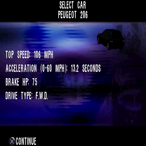 Max Power Racing (PlayStation) screenshot: Peugeot 206 stats