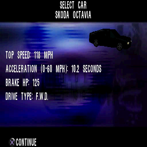 Max Power Racing (PlayStation) screenshot: Skoda Octavia stats