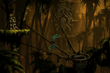 Oddworld: Abe's Exoddus (PlayStation) screenshot: Like the first game, the middle part of the sequel takes place in tribal, "wild", exotic natural environments