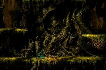 Oddworld: Abe's Exoddus (PlayStation) screenshot: You made it to the roots of the giant tree. You crouch in awe