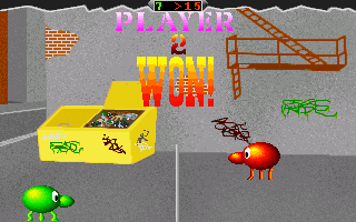 Zorlim's Arcade Volleyball (DOS) screenshot: Player 2 gives a triumphant hop.