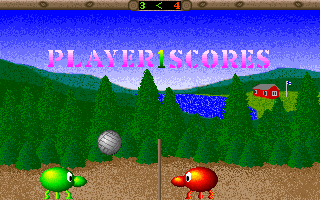 Zorlim's Arcade Volleyball (DOS) screenshot: Player 1 scores!