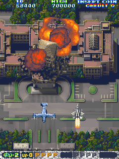 Air Gallet (Arcade) screenshot: Building is destroyed.