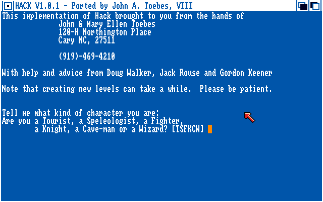 Hack (Amiga) screenshot: (v1.01) Then choose a class