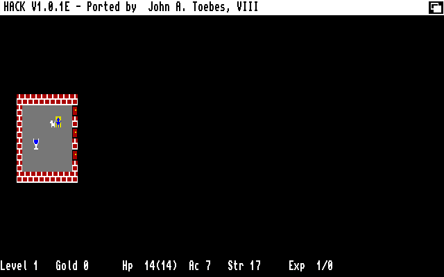 Hack (Amiga) screenshot: v1.01E adds basic graphics but is still character block based