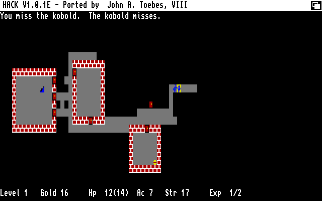 Hack (Amiga) screenshot: Fighting a kobold