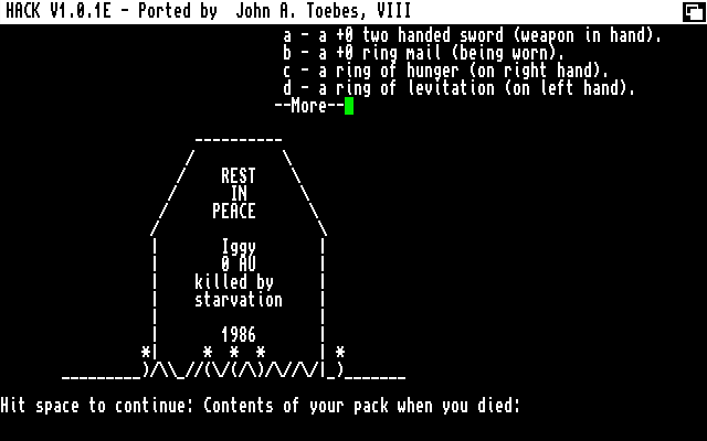 Hack (Amiga) screenshot: Died of starvation after having quaffed a potion which made me float in the air, unable to reach food